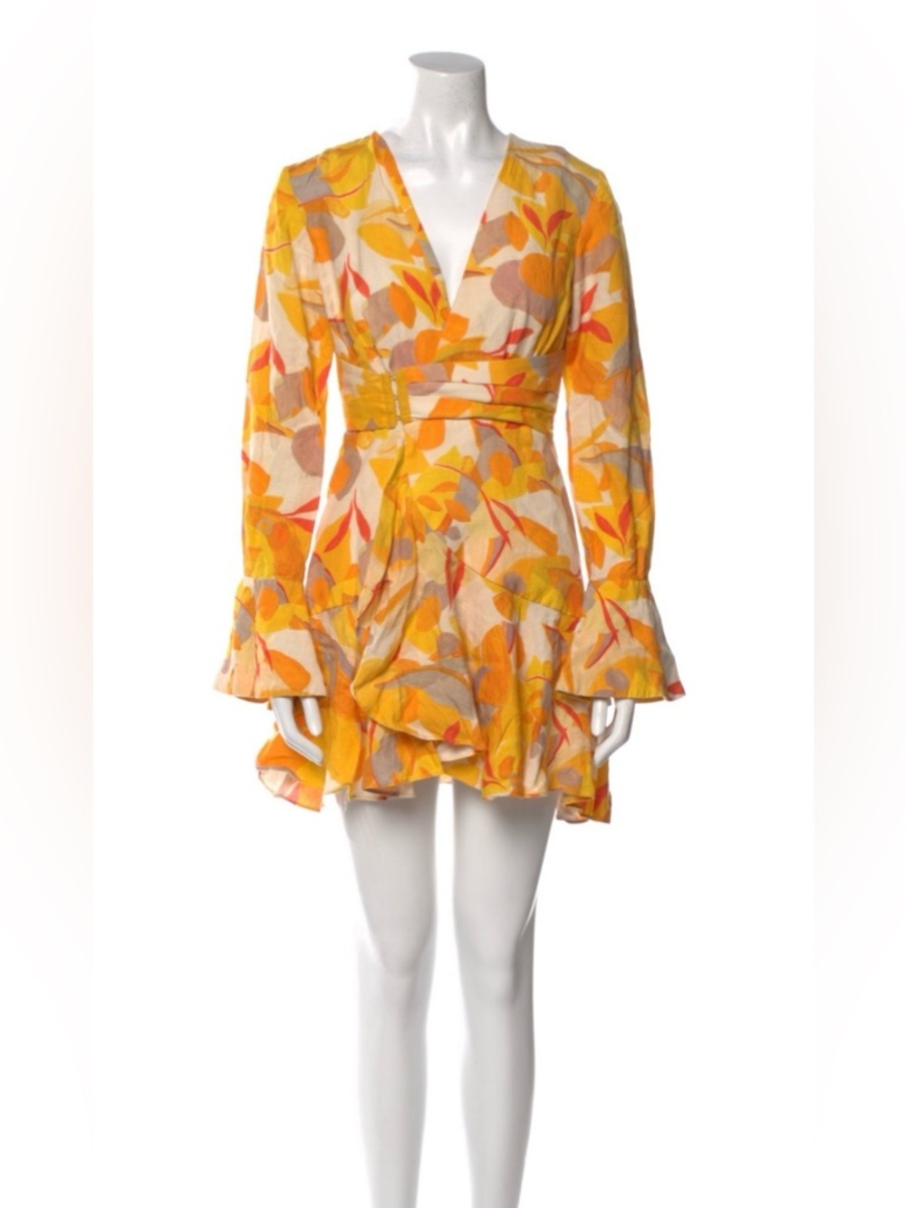 Acler Floral Print Linen Blend Mini Dress XS (2) A-Line Ruffle V Neck - Picture 3 of 10